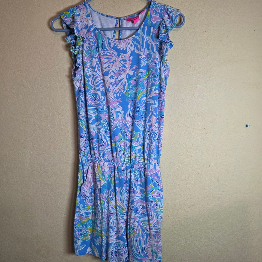 Lilly Pulitzer Donna Romper Blue Pink Seashell coastal Ruffle Sleeveless Small